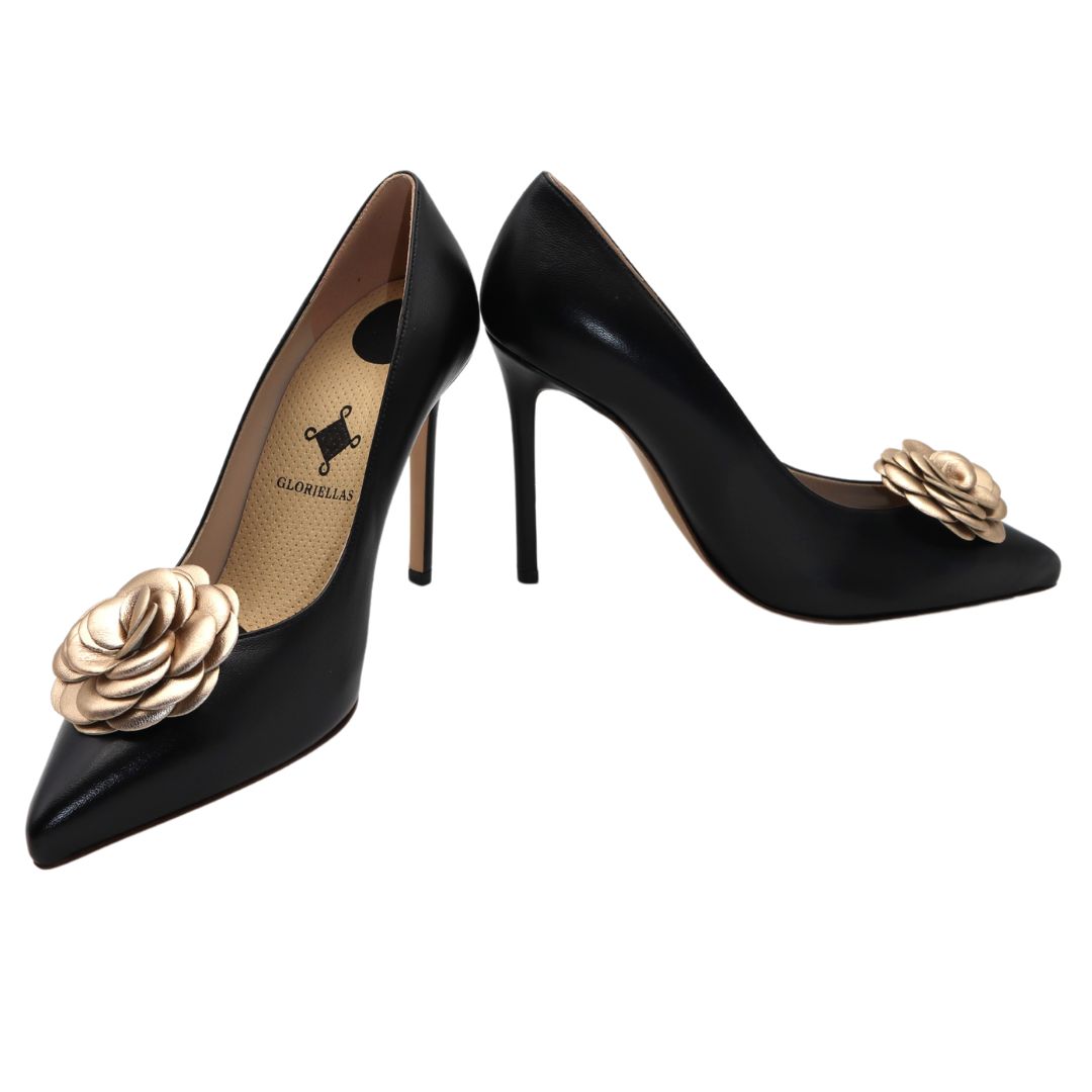GLORIELLAS Clip Golden Camelita Gloriellas Schuhclips Golden Camelita in Blütenform aus echtem Leder in gold mit schwarzen High Heels