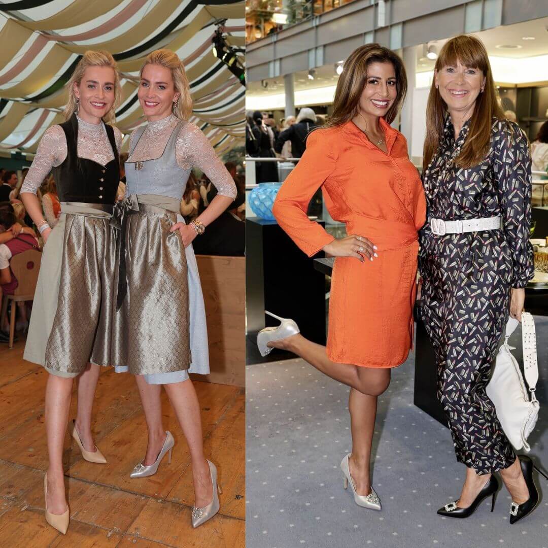 Dirndl und Business Outfits kombiniert mit silbernen Pumps bequeme High Heels Gloriellas Stilettos Glam Diva