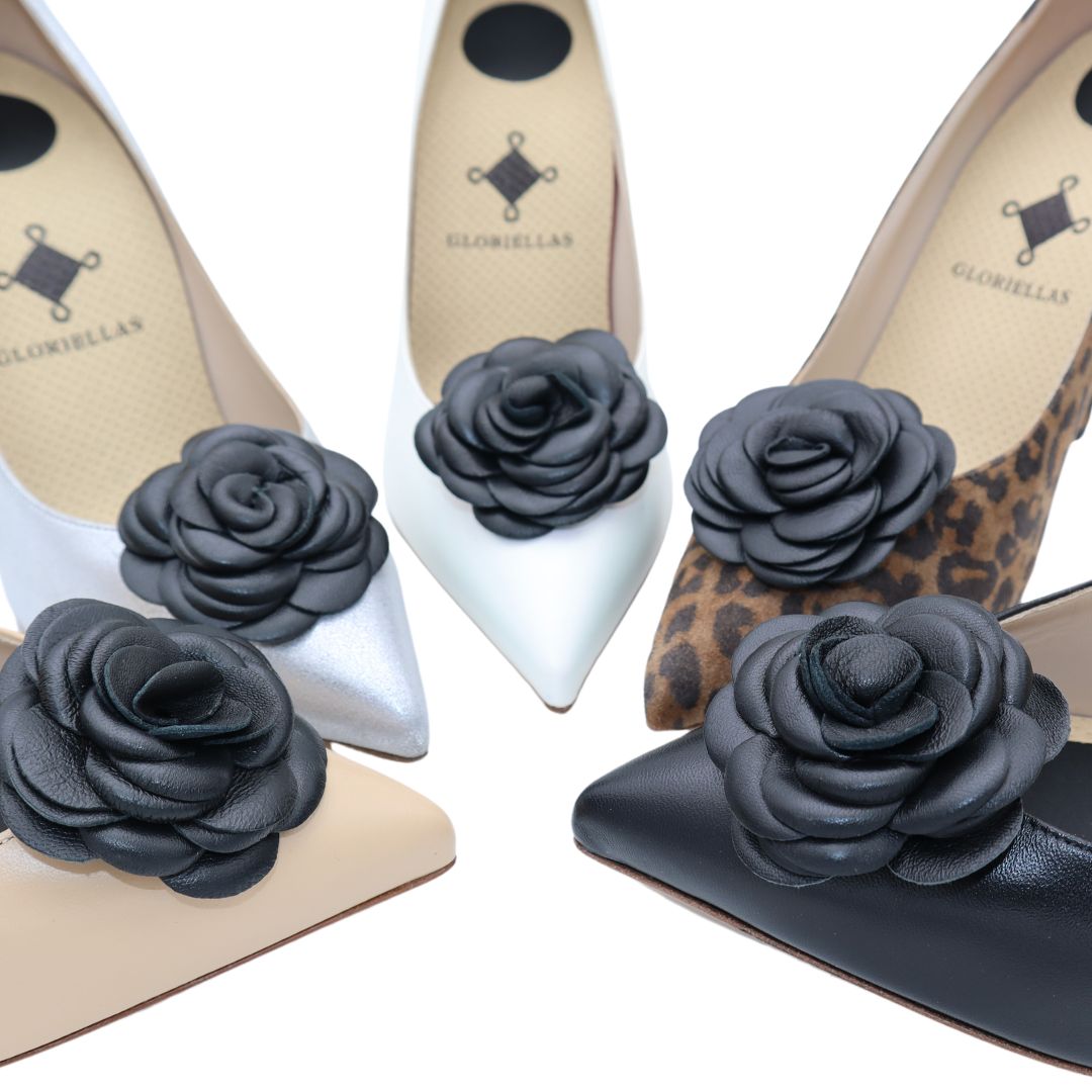 GLORIELLAS Schuhclip Black Camelita Gloriellas Clips Black Camelita Schuhclips aus echtem Leder in Blütenform Schuhaccessoire mit klassischen High Heels