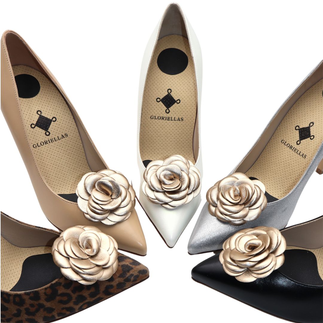 GLORIELLAS Clip Golden Camelita Gloriellas Schuhclips Golden Camelita in Blütenform aus echtem Leder in gold mit eleganten High Heels