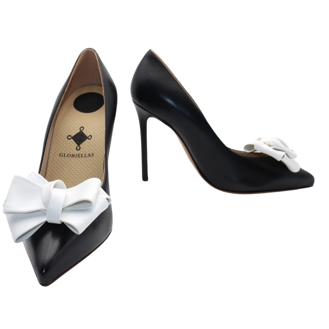GLORIELAS Clip White Party Gloriellas Schuhclip White Party weie Schleife aus veganem Leder mit schwarzen High Heels