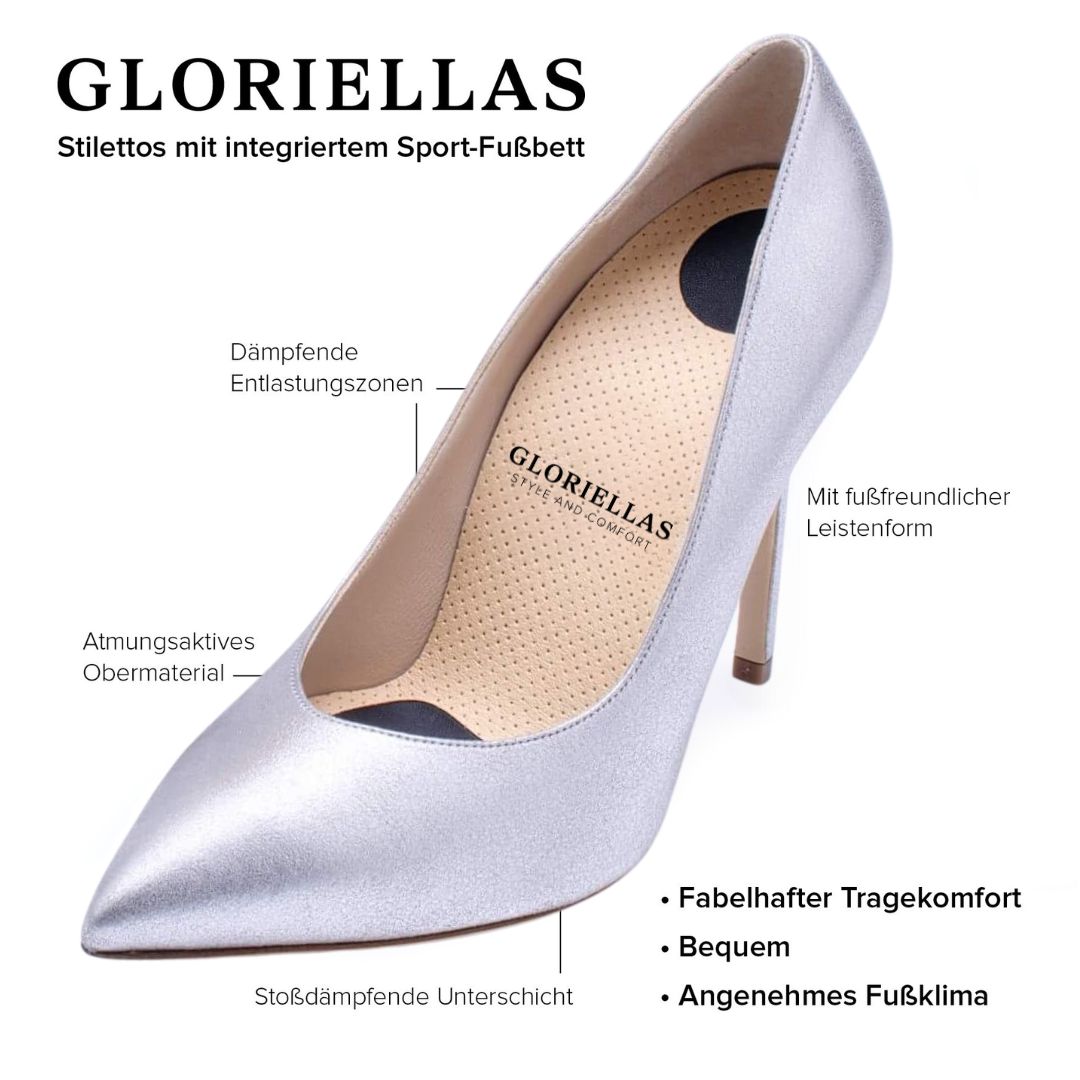 GLORIELLAS STILETTO GLAM DIVA Gloriellas Stilettos Glam Diva silberne Pumps bequeme High Heels silberne hohe Schuhe was is tdas besondere an Gloriellas Tragekomfort