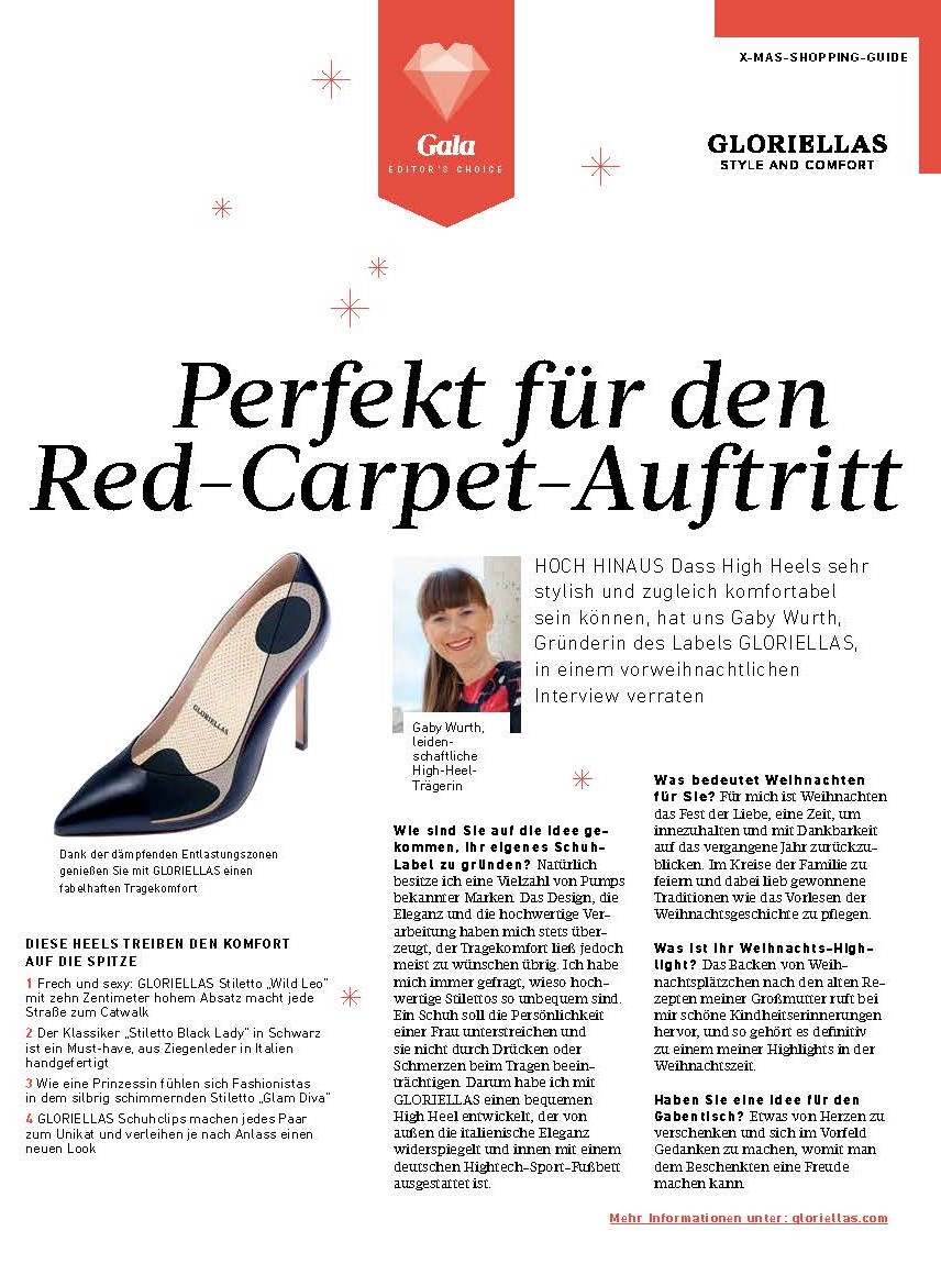 Gloriellas Clipping Presse Gala Magazin schwarze Pumps Gloriellas Stilettos Black Lady bequeme Pumps bequeme High Heels Gründerin Gaby Wurth
