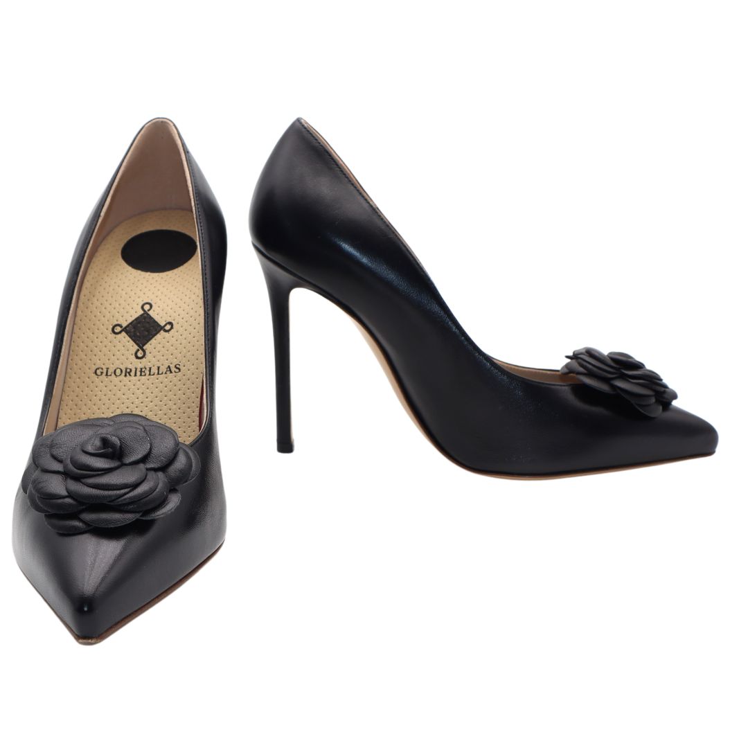 GLORIELLAS Schuhclip Black Camelita Gloriellas Clips Black Camelita Schuhclips aus echtem Leder in Blütenform Schuhaccessoire mit schwarzen High Heels
