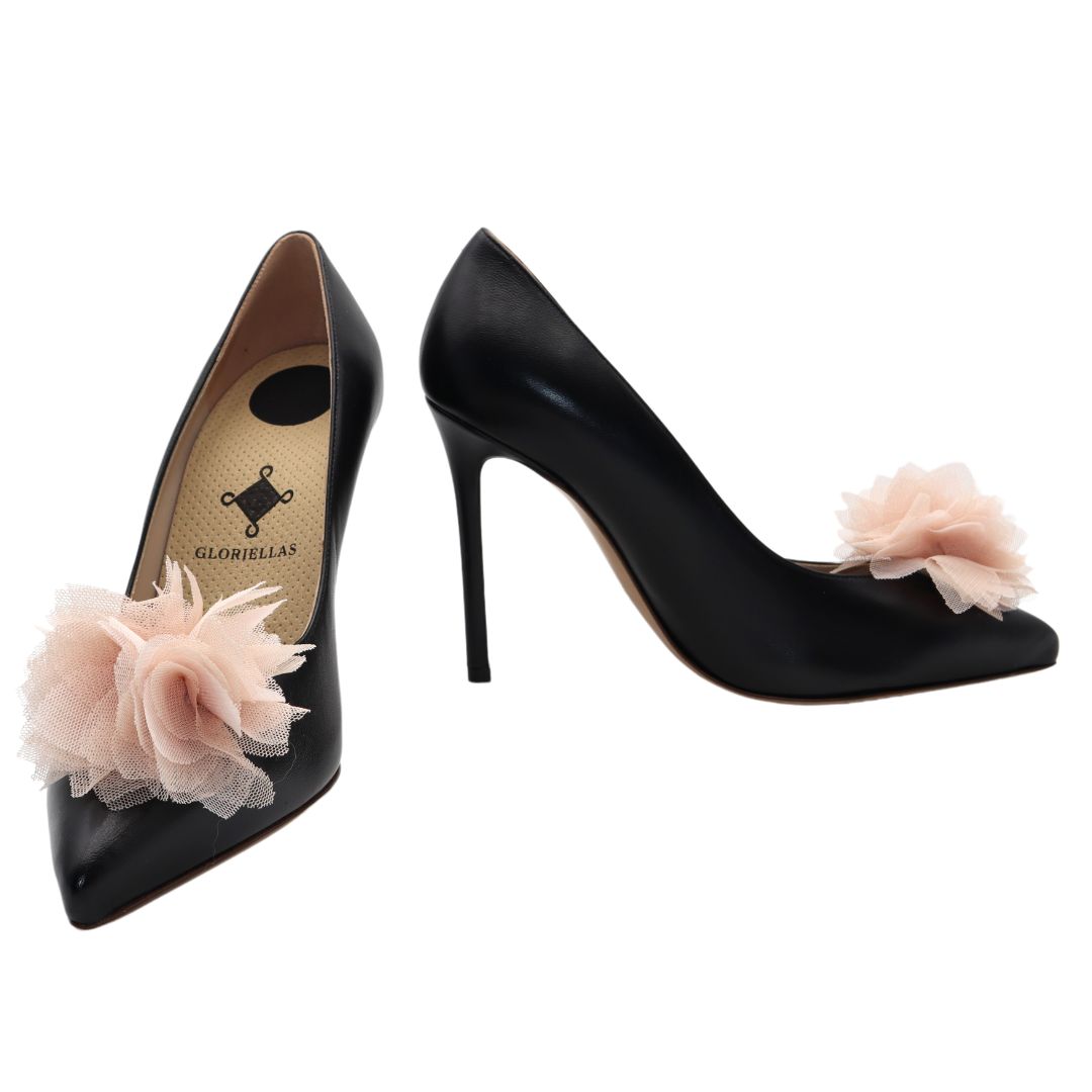 GLORIELLAS Clip Perfect Romance Gloriellas Schuhclip Perfect Romance Bltenapplikation aus rosa Tüll mit schwarzen High Heels