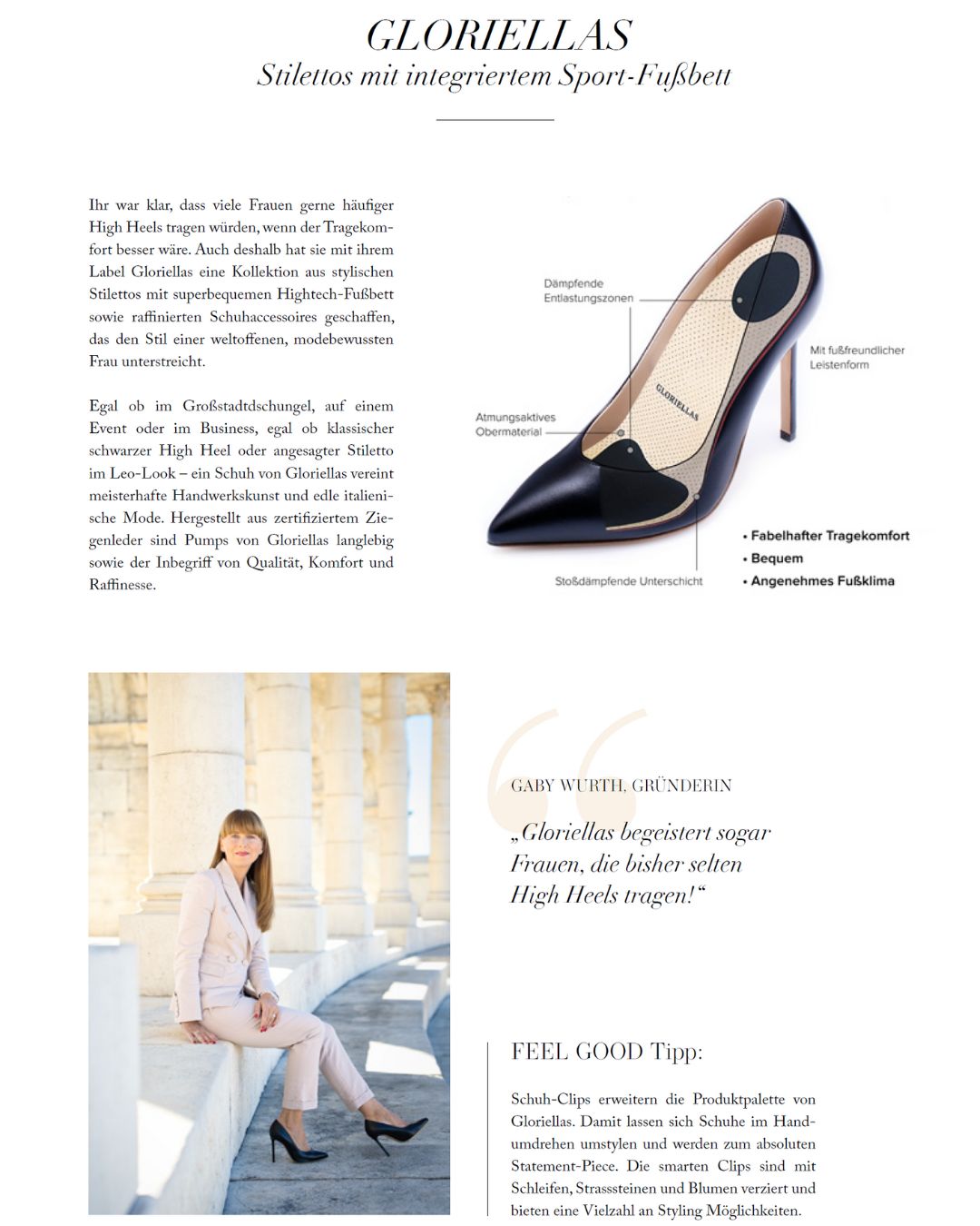 Presseclipping Gloriellas Stilettos bequeme High Heels bequeme Pumps Gründerin Gaby Wurth beige Pumps schwarze Pumps Feeld Good Magazin